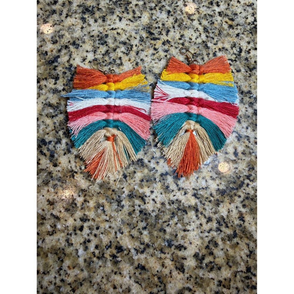 Bohemian‎ Multi Color Macrame Fringe Leaf Dangle Earrings Rainbow Tassel Boho